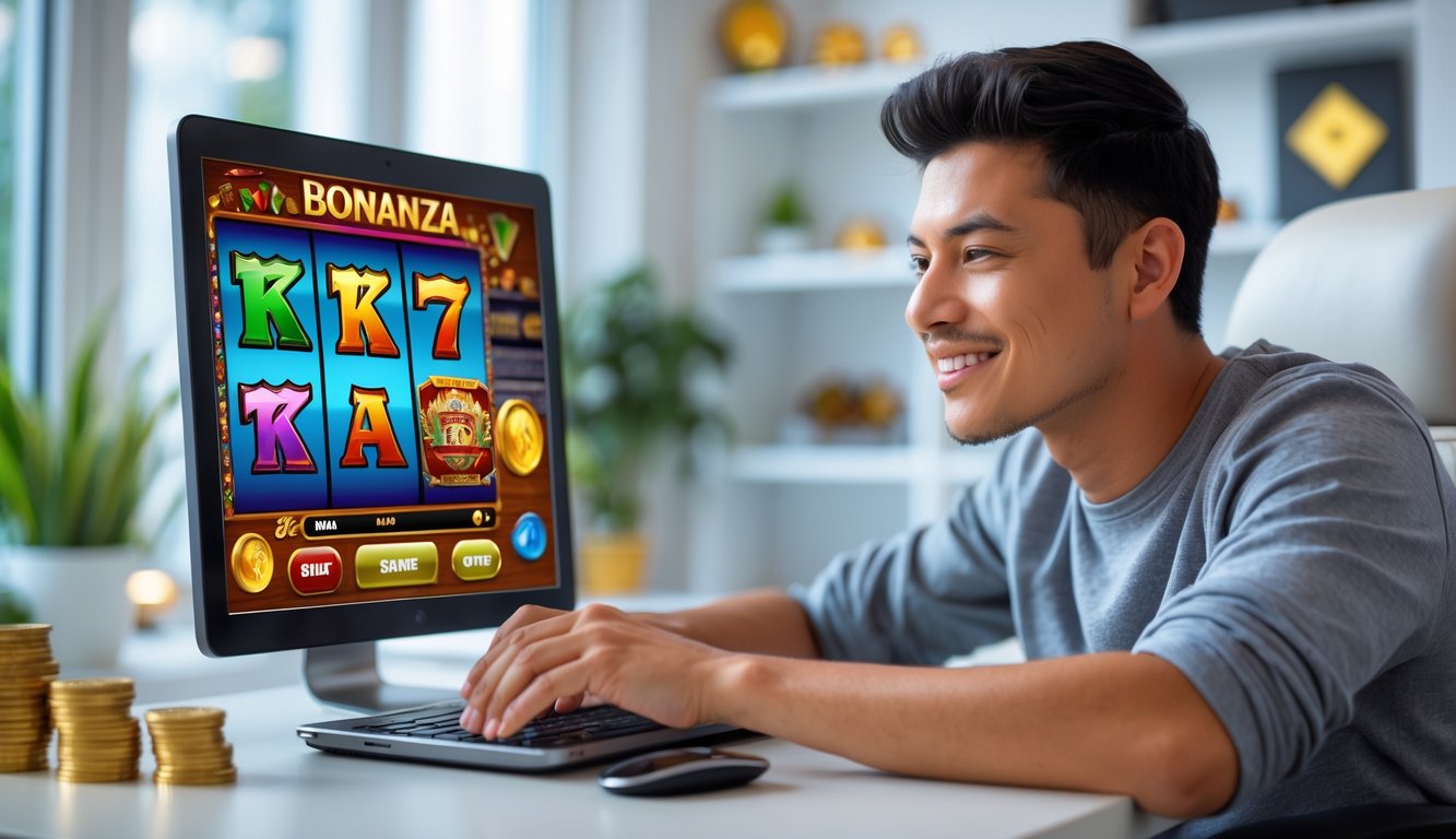 Seorang dewasa muda duduk di depan laptop di ruang kerja rumah yang terang, terlihat fokus dan senang bermain permainan slot online.