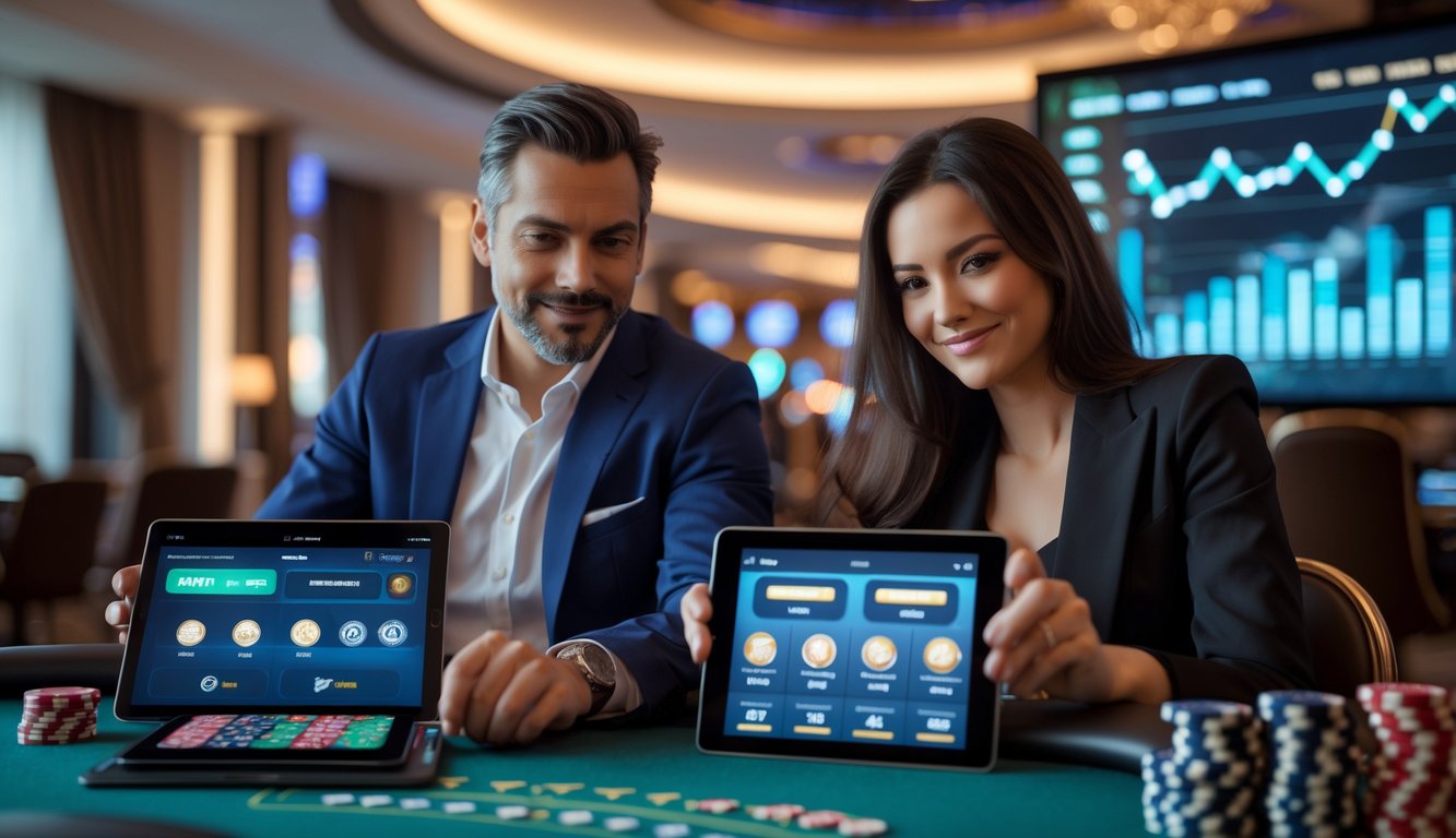 Dua orang dewasa duduk di meja permainan kasino modern sambil menggunakan perangkat digital, terlihat fokus dan percaya diri.