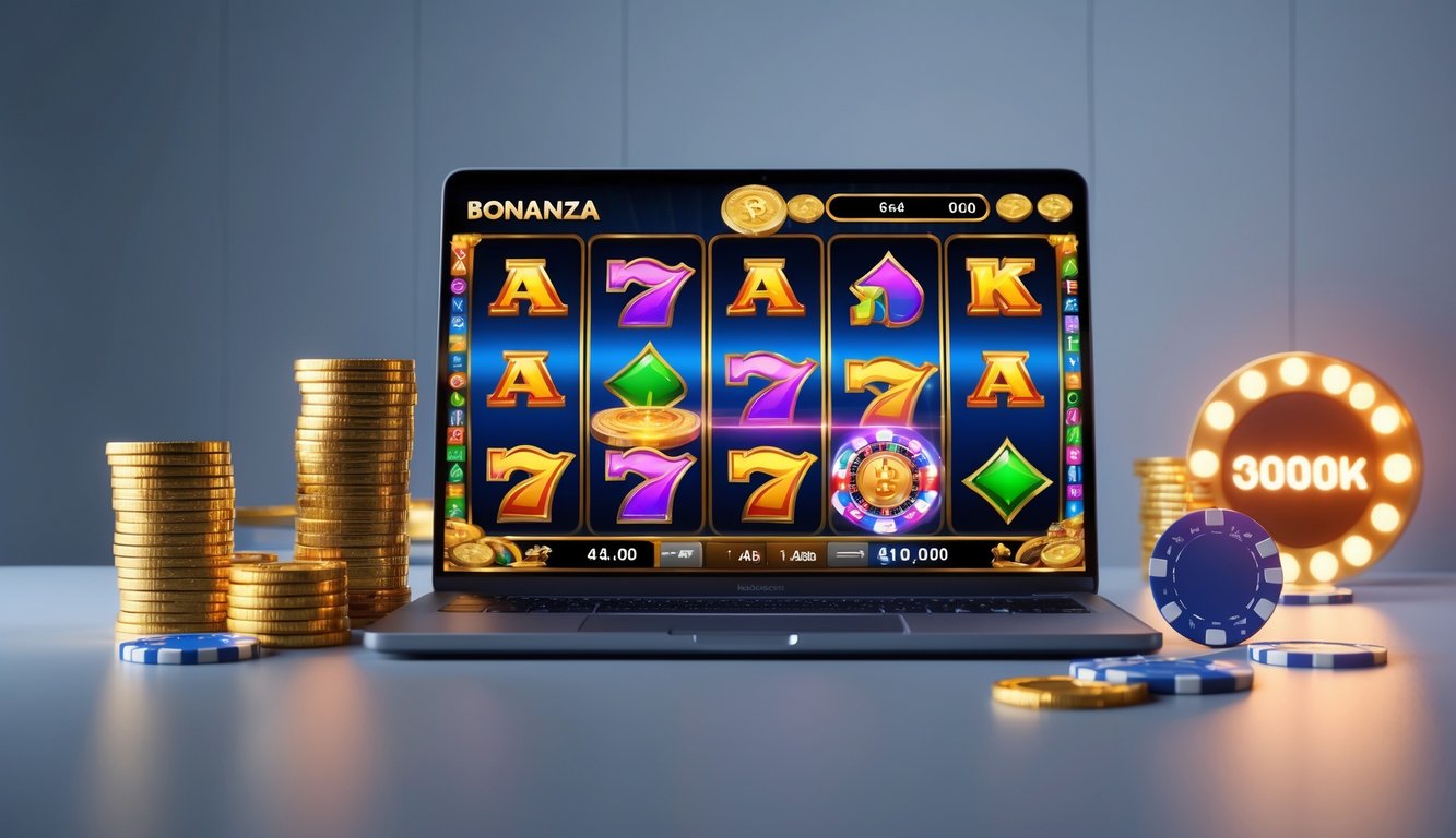 Sebuah laptop menampilkan permainan slot online dengan koin emas dan chip poker di sekitarnya, menggambarkan suasana kemenangan dan kepercayaan dalam judi slot online.