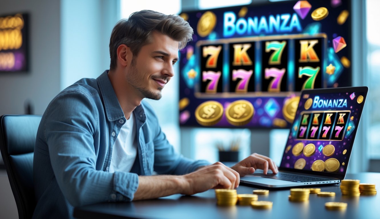 Seorang pria muda duduk di depan laptop dengan layar permainan slot online berwarna-warni, dikelilingi oleh elemen bertema kasino seperti koin emas dan permata.