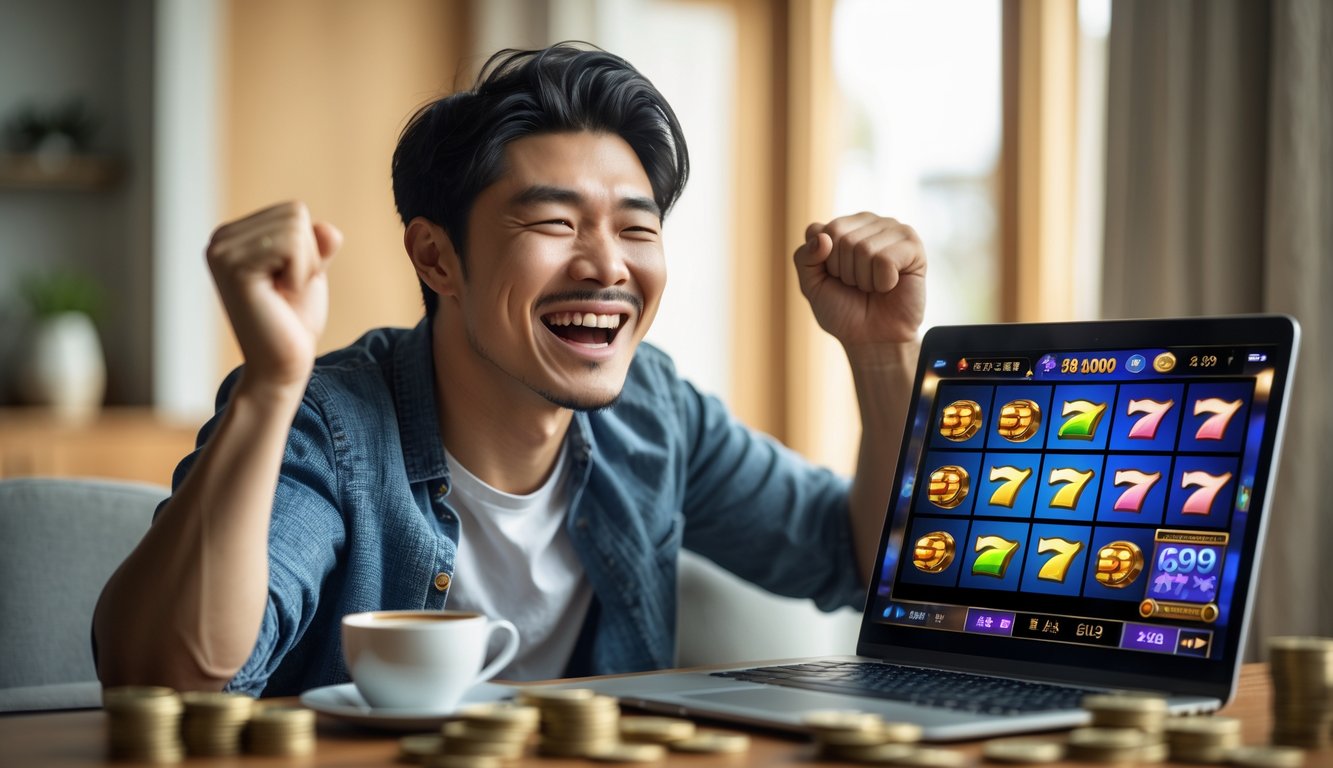 Seorang pria muda Asia yang gembira merayakan kemenangan besar saat bermain slot online di laptop di rumah.