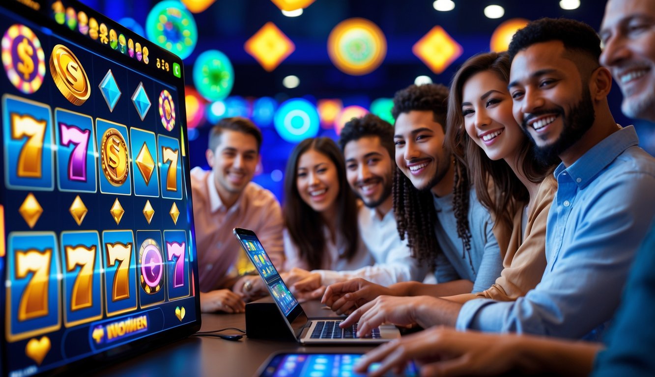 Orang-orang yang senang bermain permainan slot online dengan perangkat digital di ruangan terang.