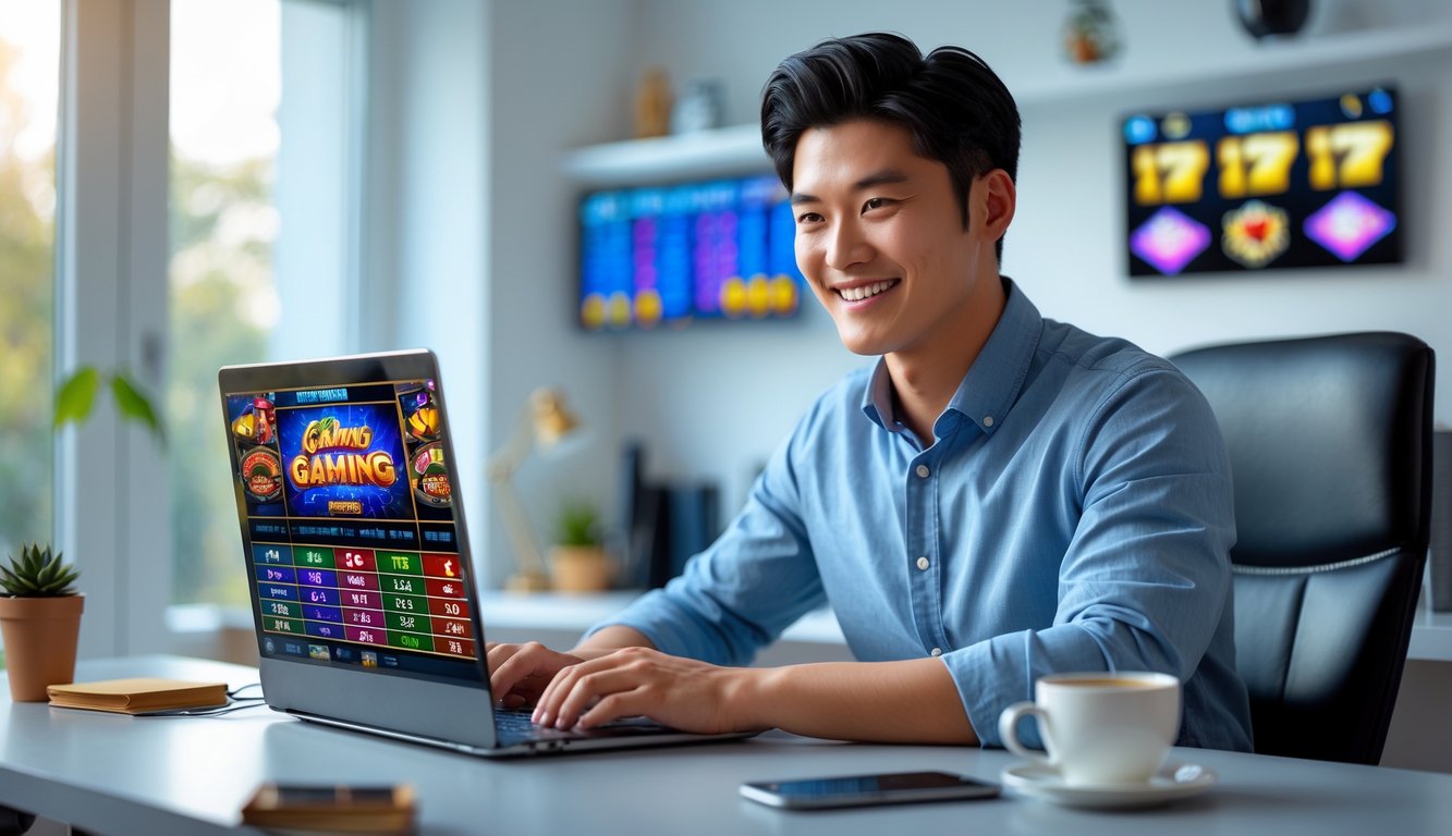 Seorang pria muda tersenyum duduk di depan laptop dengan tampilan permainan slot online di layar, di ruang kerja rumah yang terang dan rapi.