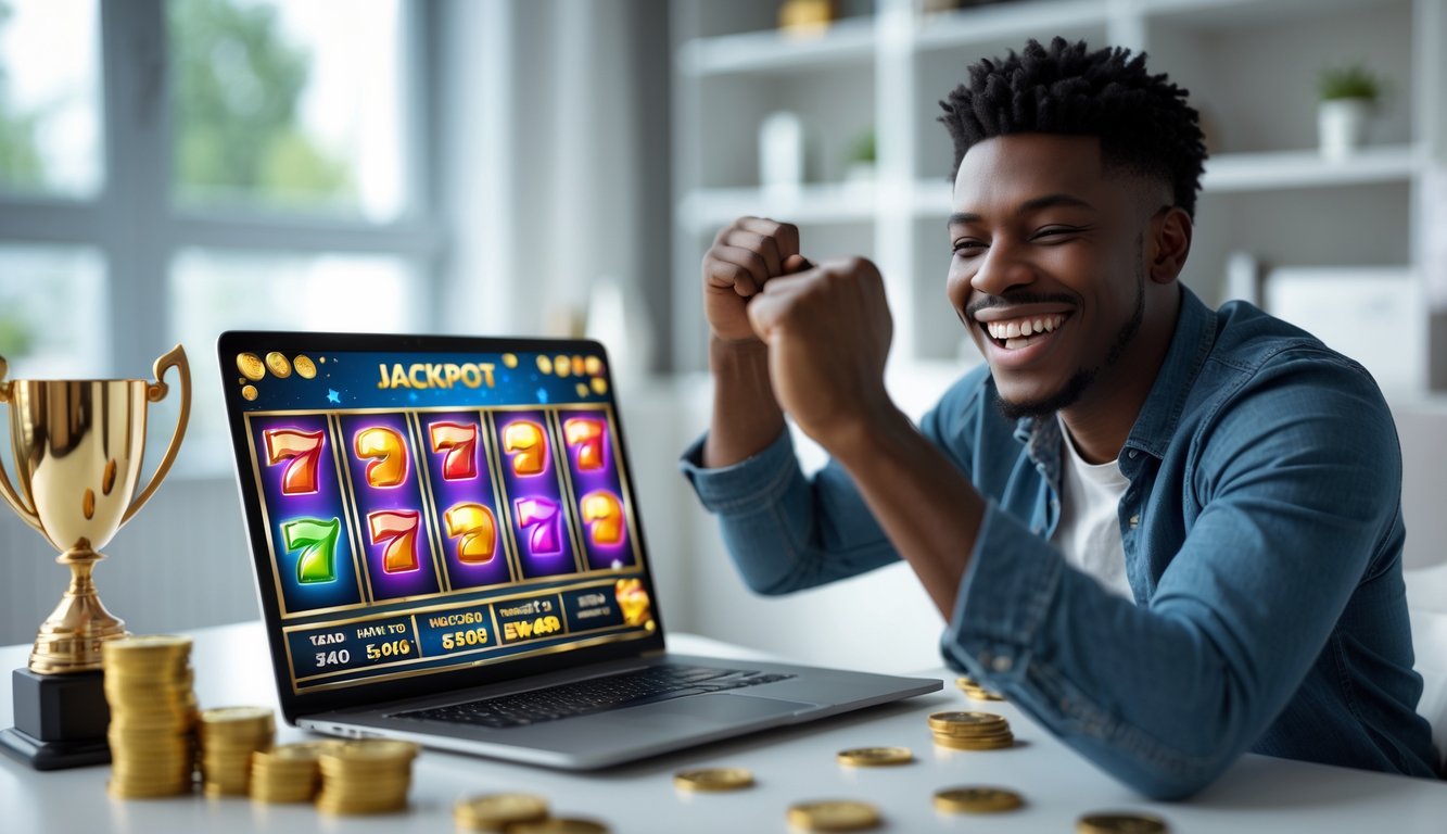Seseorang merayakan kemenangan besar saat bermain judi slot online di laptop di ruang kerja yang modern.
