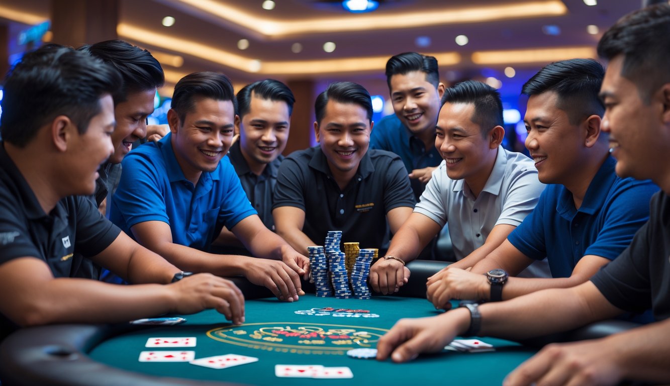 Sekelompok pria Indonesia bermain poker di meja kasino dengan ekspresi fokus dan senang.