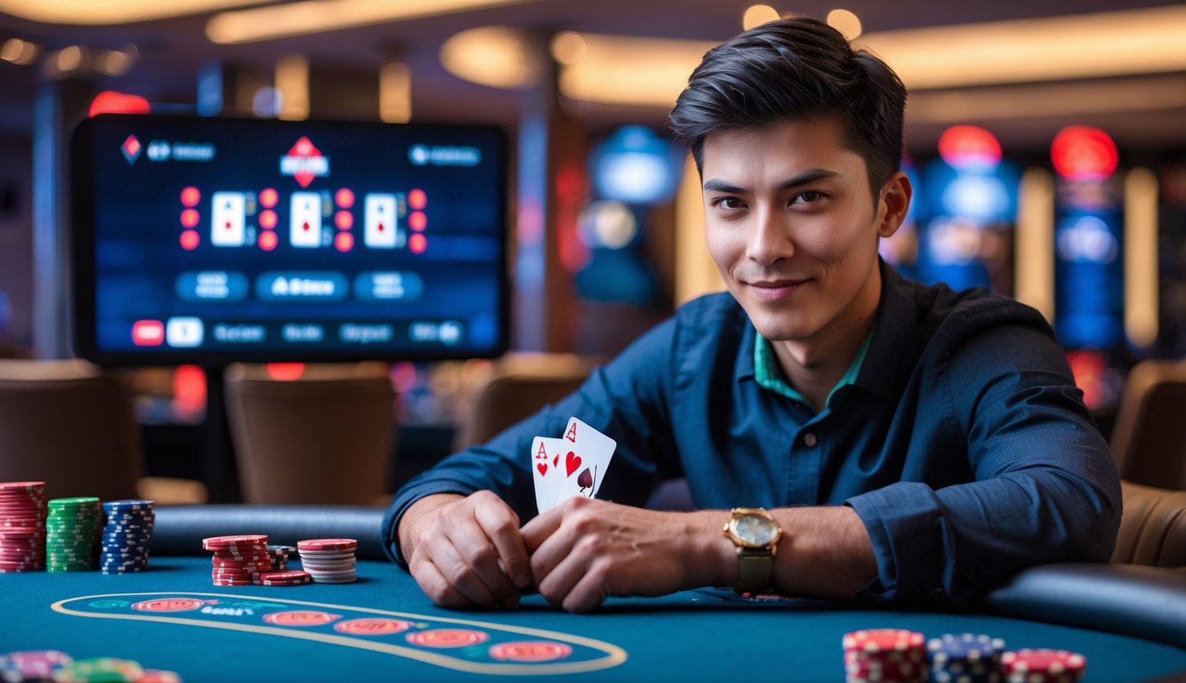 Seorang dewasa muda duduk di meja poker dengan kartu dan tumpukan chip, tampak fokus dan percaya diri di dalam kasino modern.