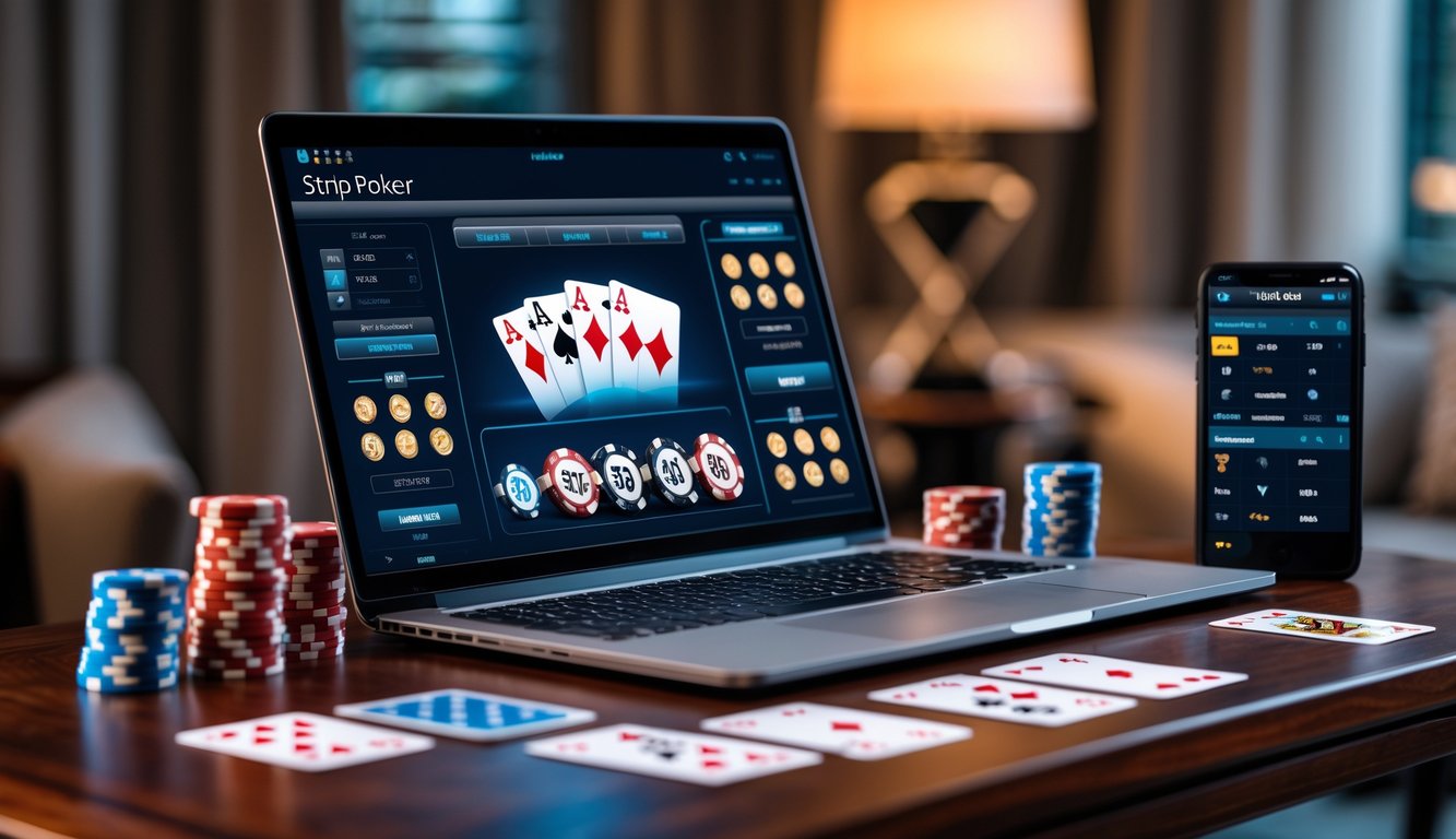 Sebuah laptop dengan permainan poker online, kartu remi dan chip poker di atas meja kayu, dengan latar belakang ruangan nyaman.