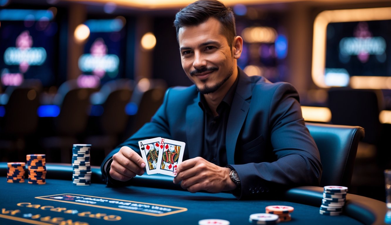 Seorang pria percaya diri duduk di meja poker dengan kartu dan tumpukan chip di kasino modern.