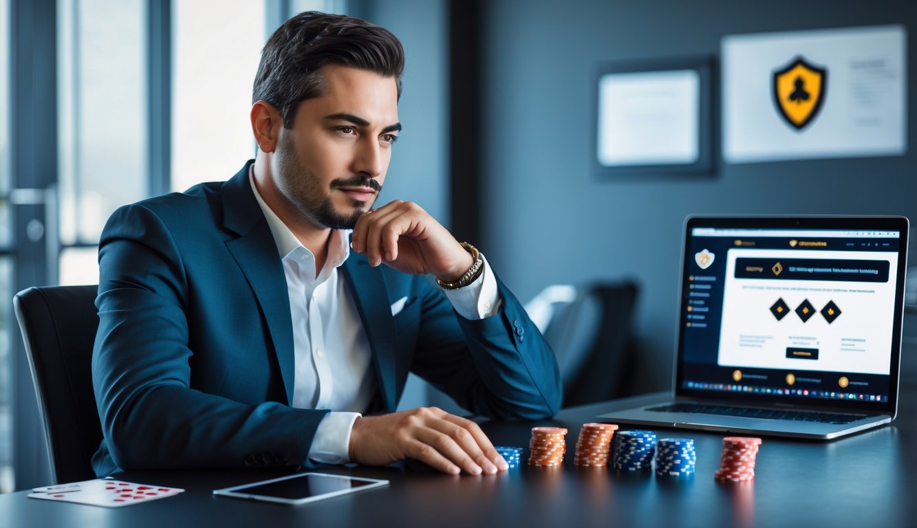 Seorang pria bisnis duduk di meja dengan kartu poker, chip, dan laptop di kantor modern, tampak fokus merencanakan strategi.