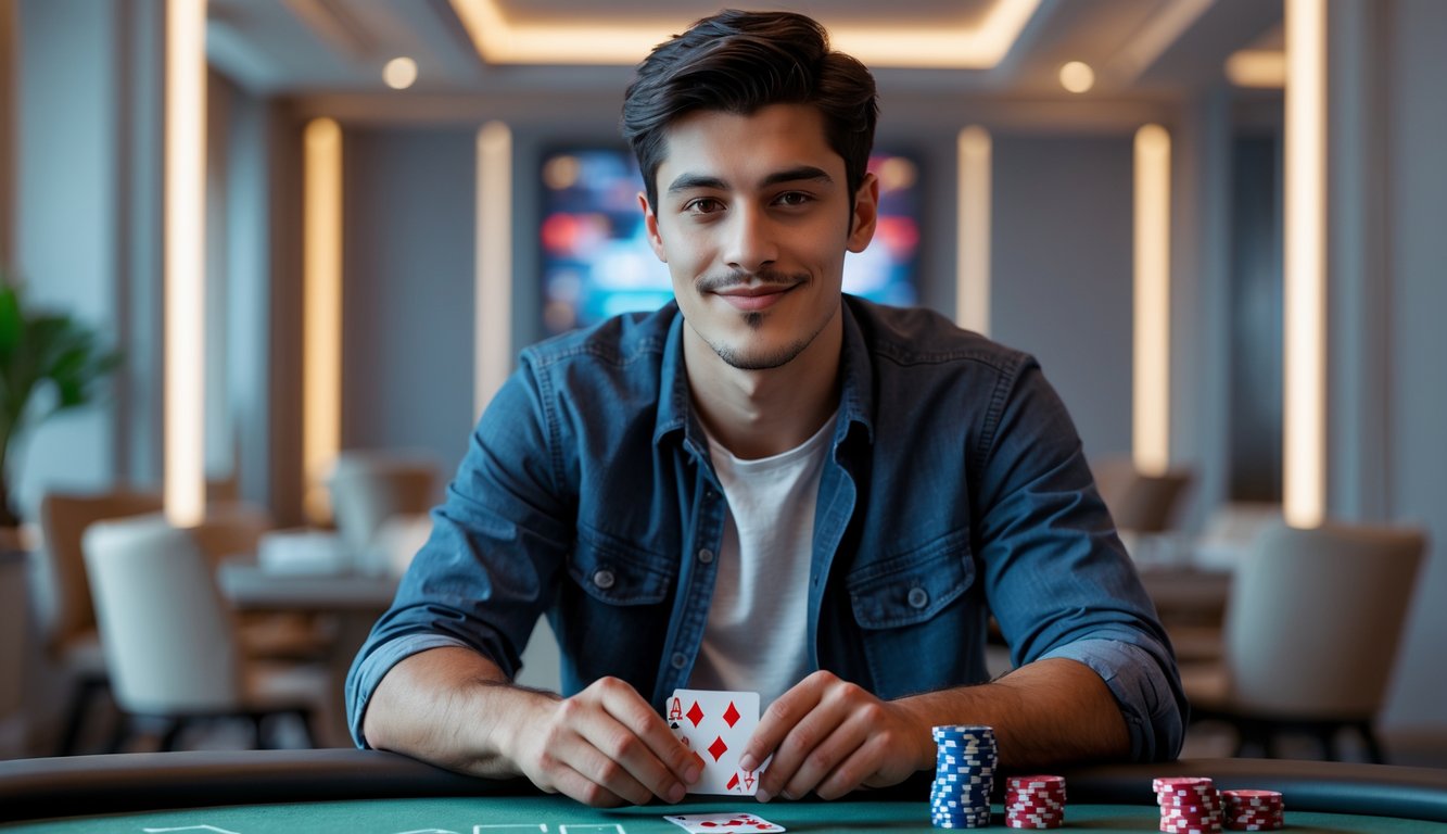Seorang pria muda duduk di meja permainan dengan kartu dan tumpukan chip poker, terlihat fokus dan santai.
