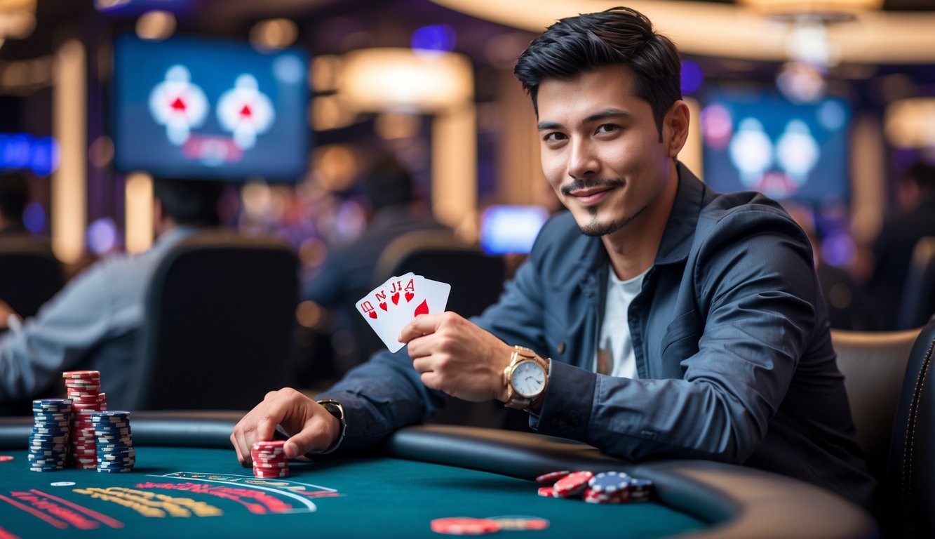 Seorang pria muda duduk di meja poker dengan kartu dan tumpukan chip, terlihat fokus dan percaya diri di sebuah kasino.