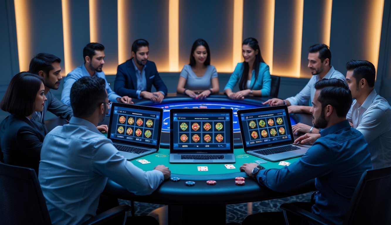Sekelompok orang dewasa fokus bermain poker online di meja digital dengan kartu dan chip di layar komputer.