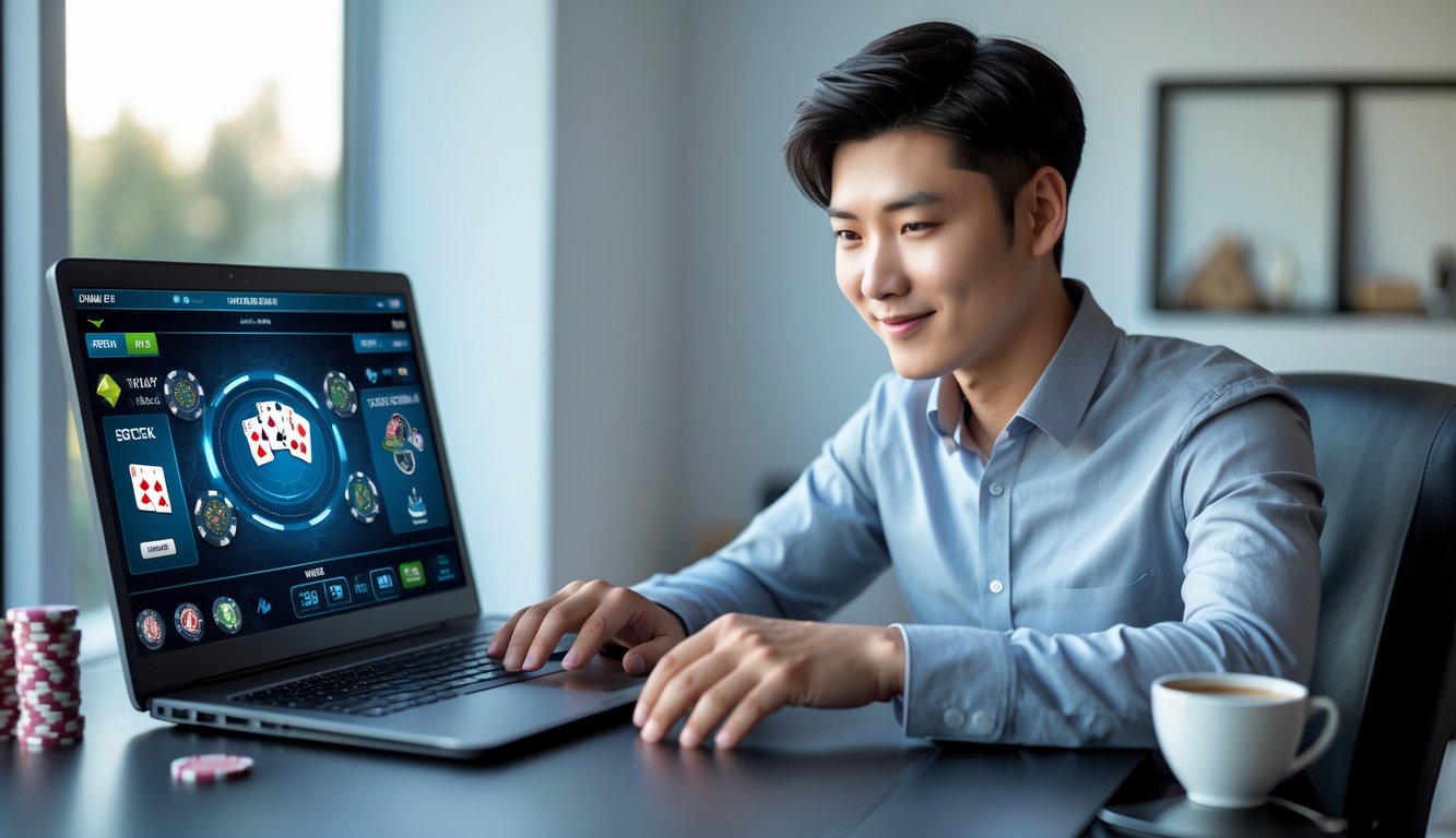 Seorang pria muda duduk di depan laptop dengan kartu poker dan chip di meja, terlihat fokus bermain poker online.