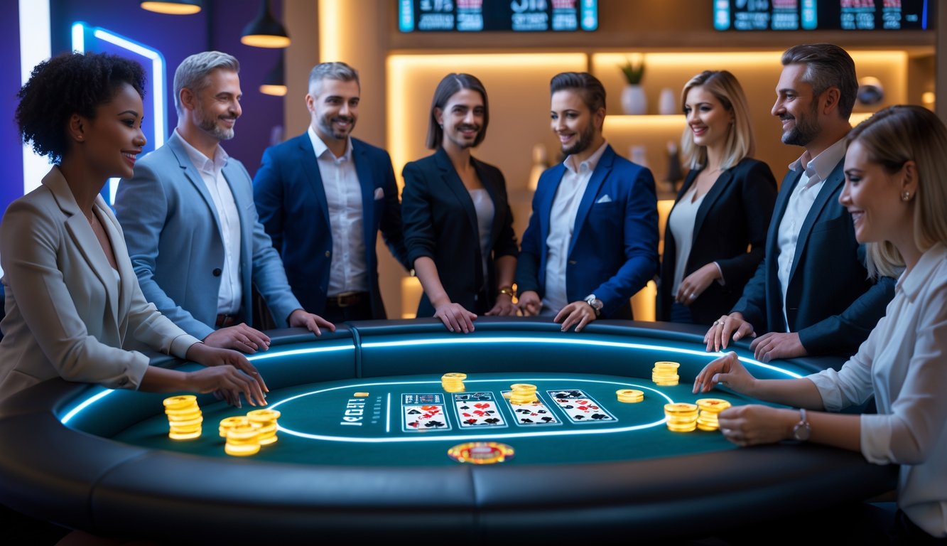 Sekelompok orang dewasa bermain poker online di meja digital dengan suasana lounge modern dan pencahayaan lembut.