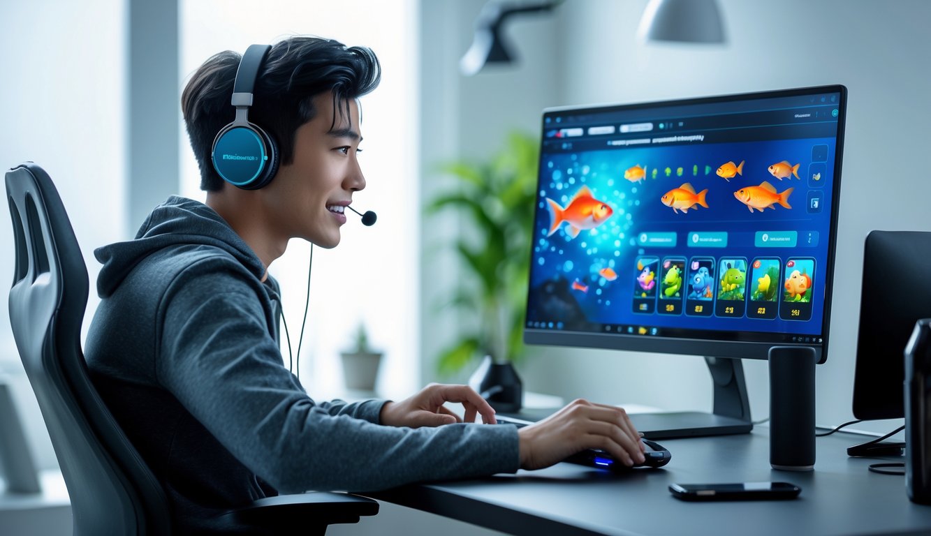 Seseorang duduk di depan laptop di meja modern, fokus bermain game judi online dengan latar ruang kerja yang terang dan rapi.