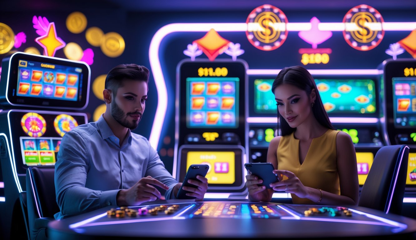 Seorang pria dan wanita duduk di meja permainan dengan layar digital menampilkan permainan judi online, terlihat fokus dan antusias bermain menggunakan perangkat elektronik.