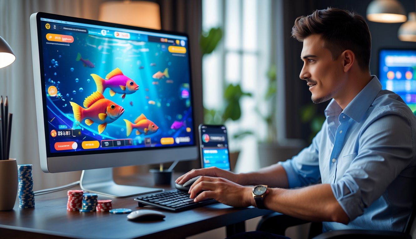 Seorang pria muda fokus bermain permainan judi ikan online di komputer dengan suasana ruang kerja yang nyaman dan aman.