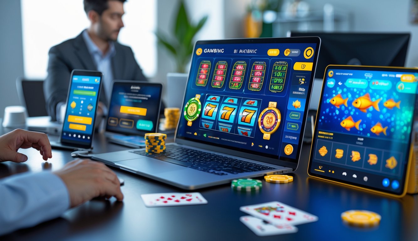 Seseorang sedang menggunakan laptop dan tablet dengan tampilan permainan judi online seperti mesin slot dan tembak ikan, di meja kerja yang rapi.