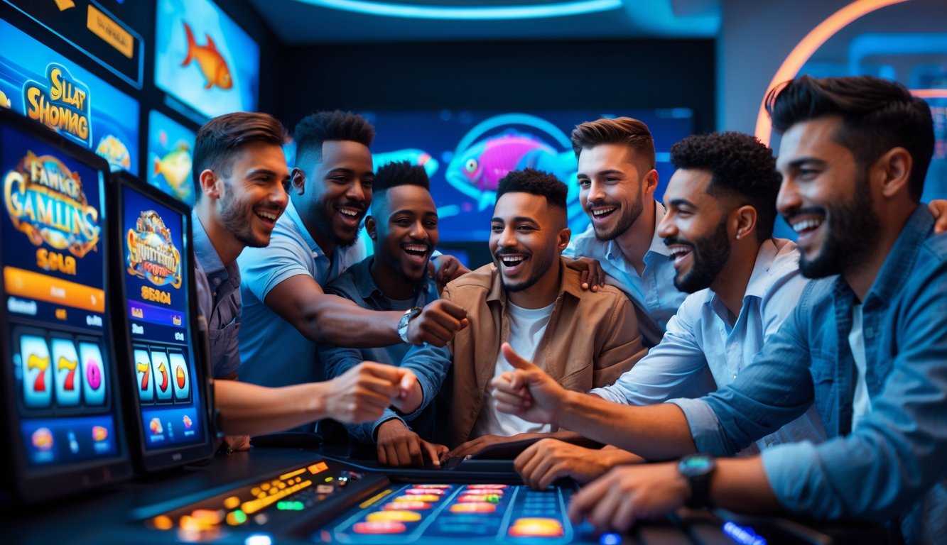 Sekelompok pria sedang bermain permainan judi online di depan layar komputer dengan ekspresi senang dan fokus.