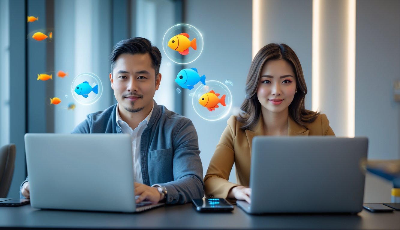 Dua orang dewasa duduk berdampingan menggunakan laptop dan ponsel di ruangan modern, fokus bermain permainan judi online.