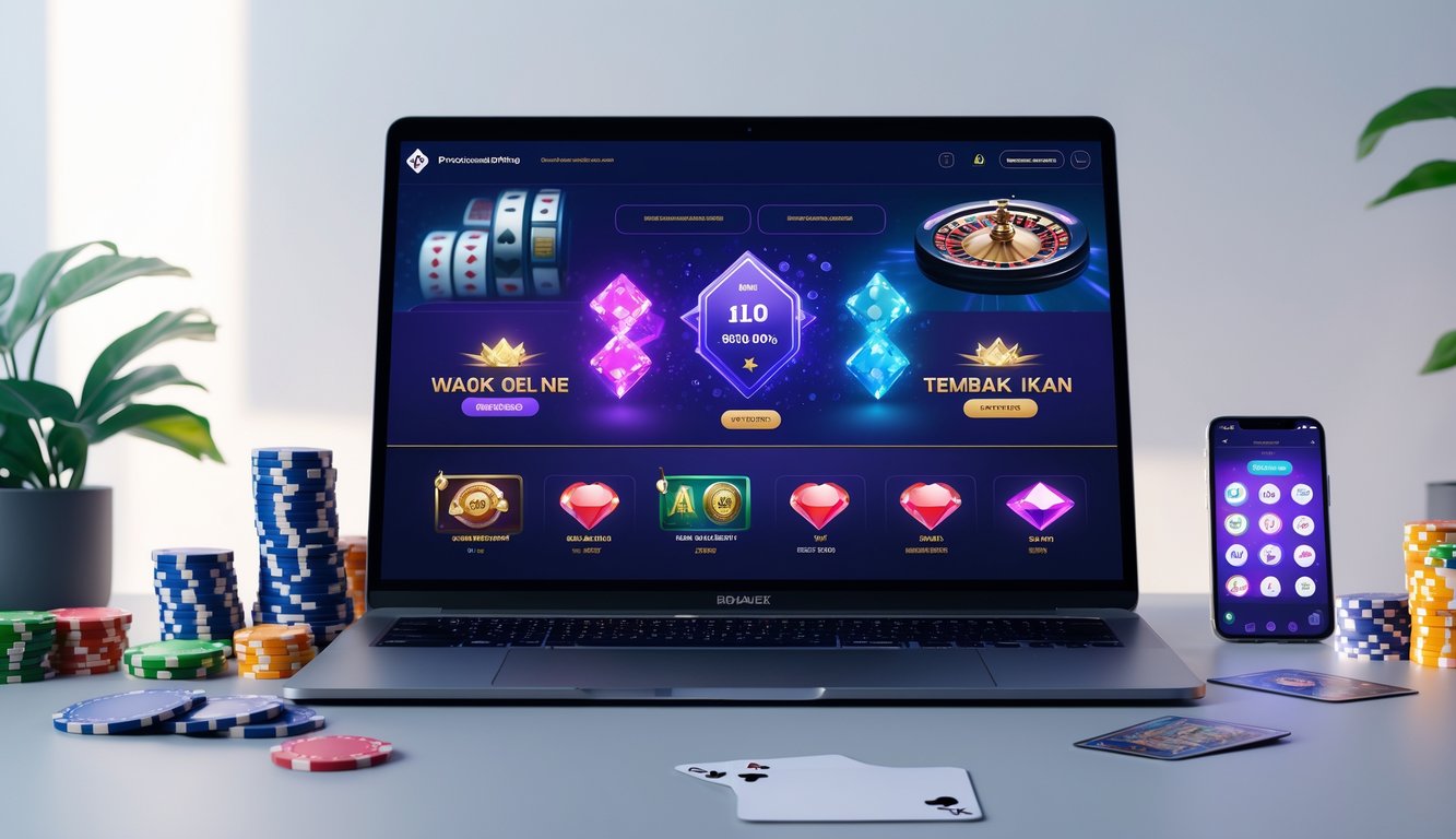 Seseorang menggunakan komputer dengan tampilan permainan judi online dan aksesori judi di sekitarnya.