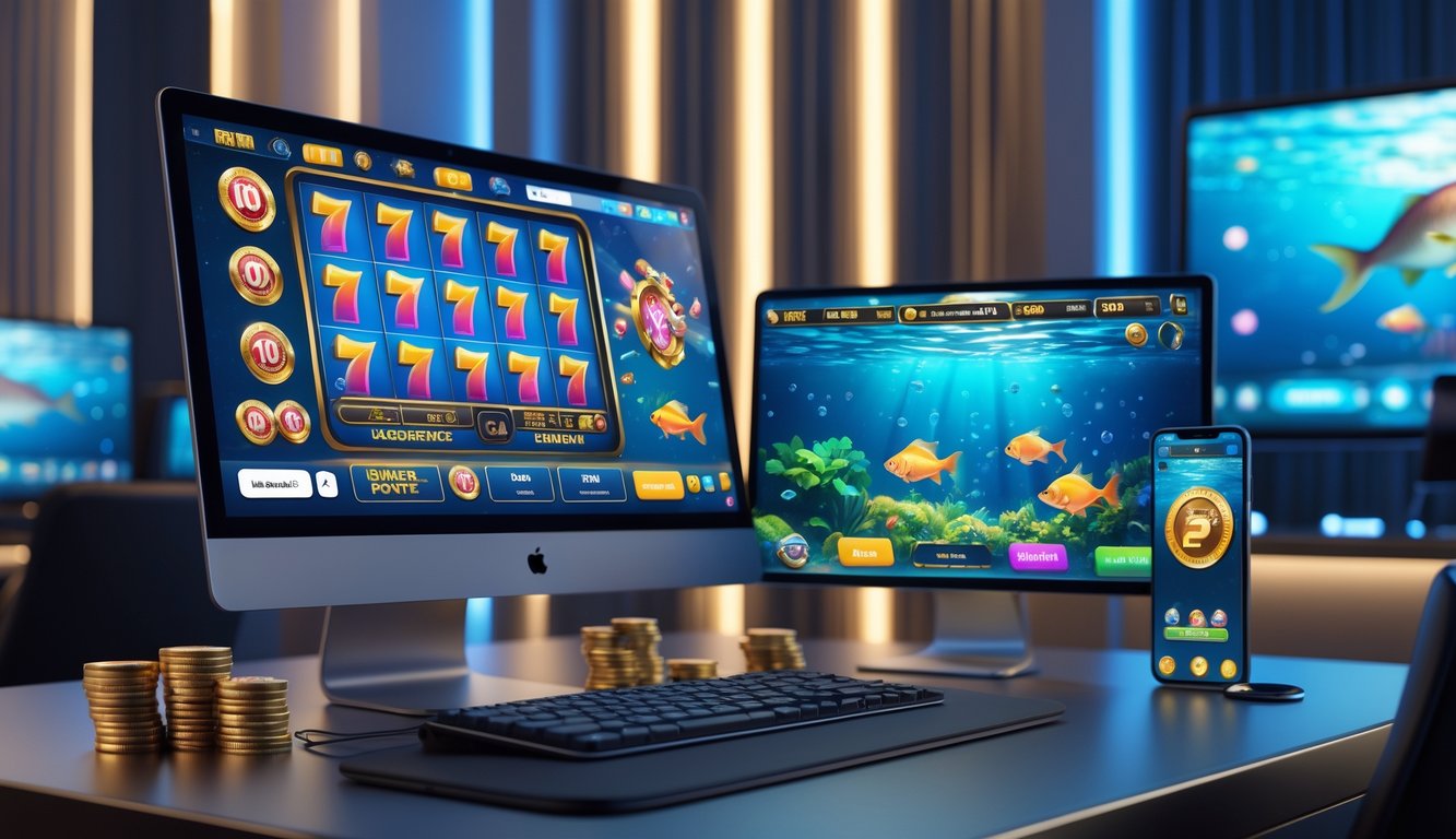 Sebuah meja dengan komputer dan ponsel menampilkan permainan kasino dan tembak ikan, dengan latar belakang ruangan gaming yang modern dan pencahayaan lembut.