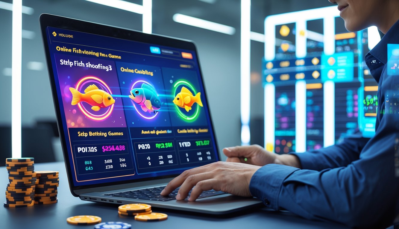Seseorang sedang menggunakan komputer dengan tampilan permainan tembak ikan dan grafik taruhan di meja kerja modern.