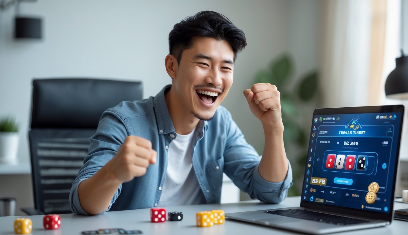Seorang pria muda Asia tersenyum senang di depan laptop saat bermain judi dadu online di ruang kerja rumah yang rapi.
