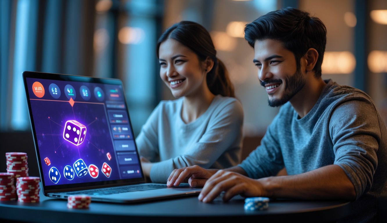 Dua orang dewasa bermain permainan dadu online di meja dengan laptop dan tumpukan chip, terlihat fokus dan senang.