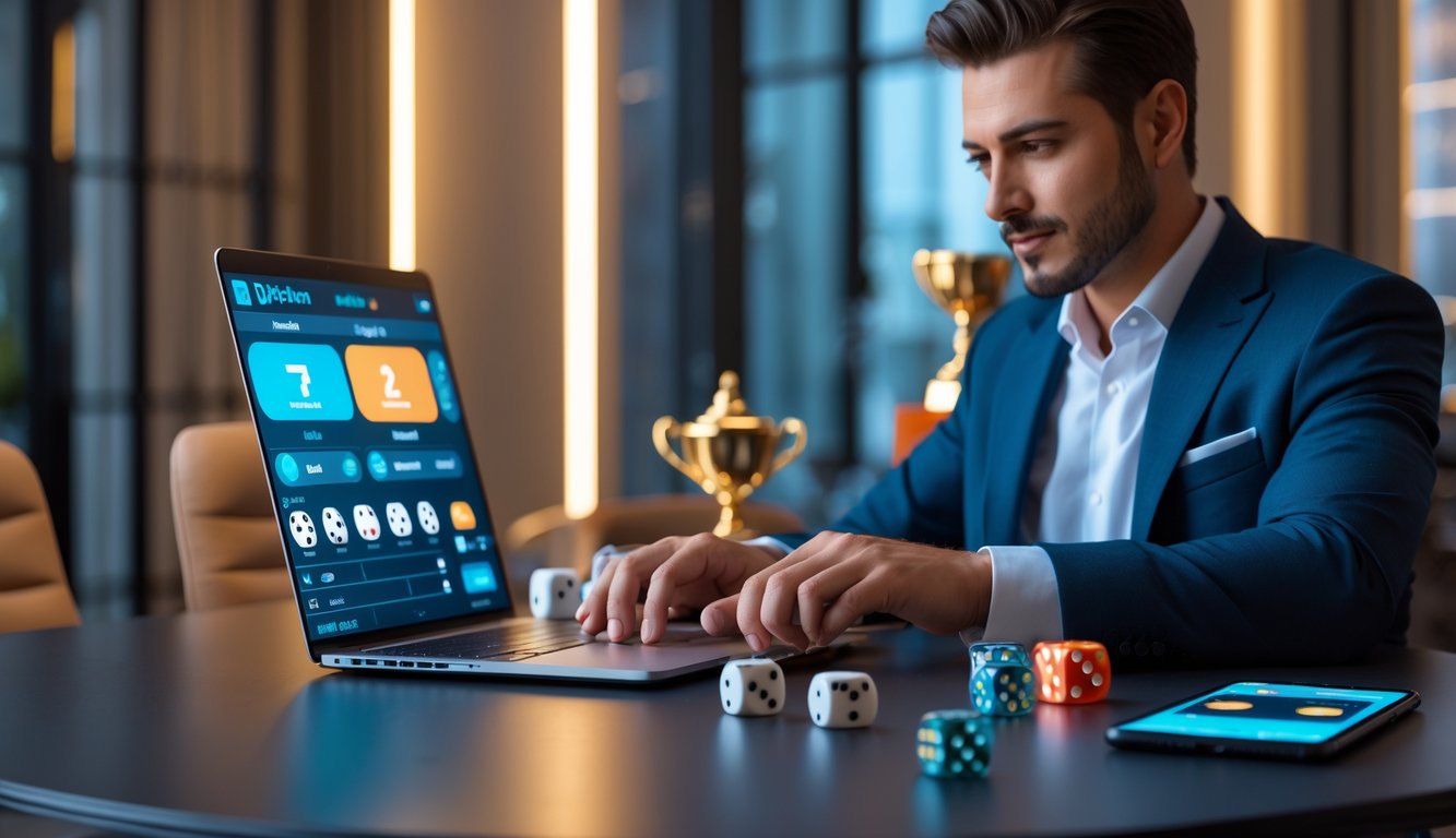 Seorang pria duduk di meja modern sambil bermain judi dadu online menggunakan laptop dan ponsel, dengan dadu terlihat di atas meja.