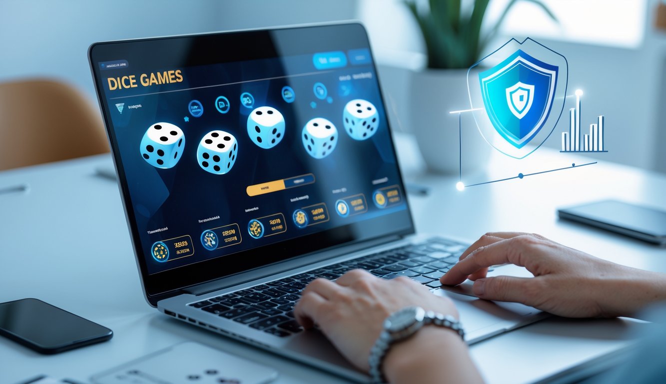 Seseorang menggunakan laptop dengan permainan dadu online di layar, menunjukkan aktivitas judi dadu secara daring.
