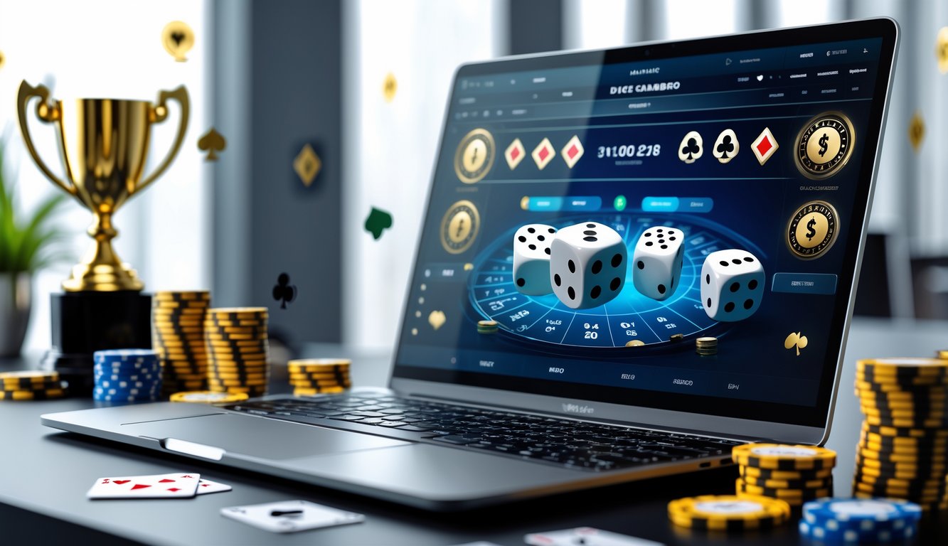 Seorang pria sedang fokus bermain judi dadu online di depan laptop dengan tumpukan chip dan trofi di meja.