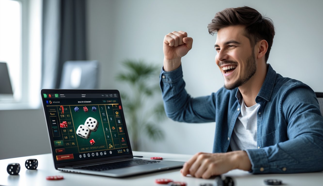 Seorang pria muda tersenyum dan mengangkat tinju sambil bermain judi dadu online di laptop di rumah.