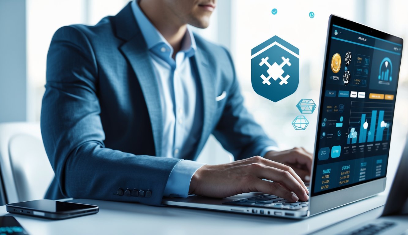 Seorang profesional sedang menganalisis strategi judi dadu online di ruang kerja modern dengan laptop dan layar tambahan yang menampilkan grafik.