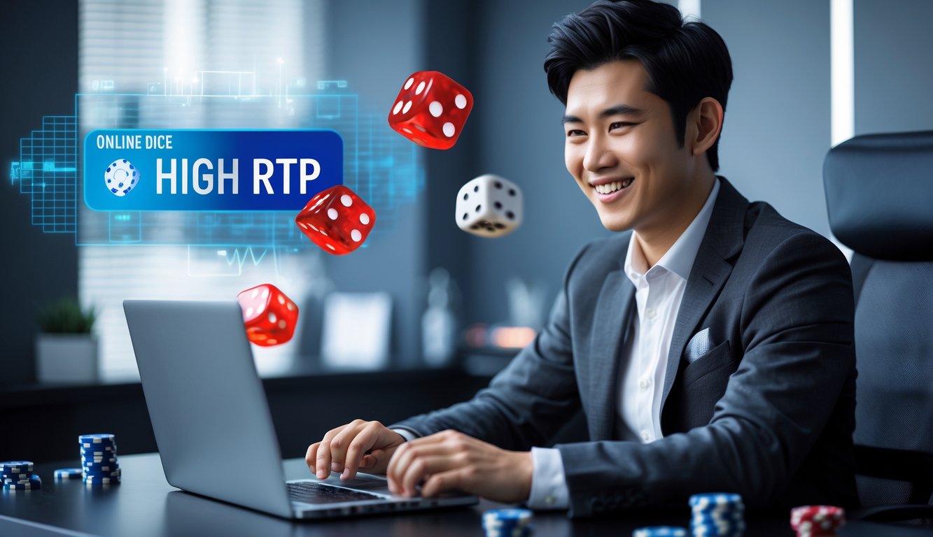 Seorang pria Asia muda duduk di meja dengan laptop, tersenyum dan terlihat percaya diri di ruang kerja rumah yang modern dengan dadu dan chip poker di meja.