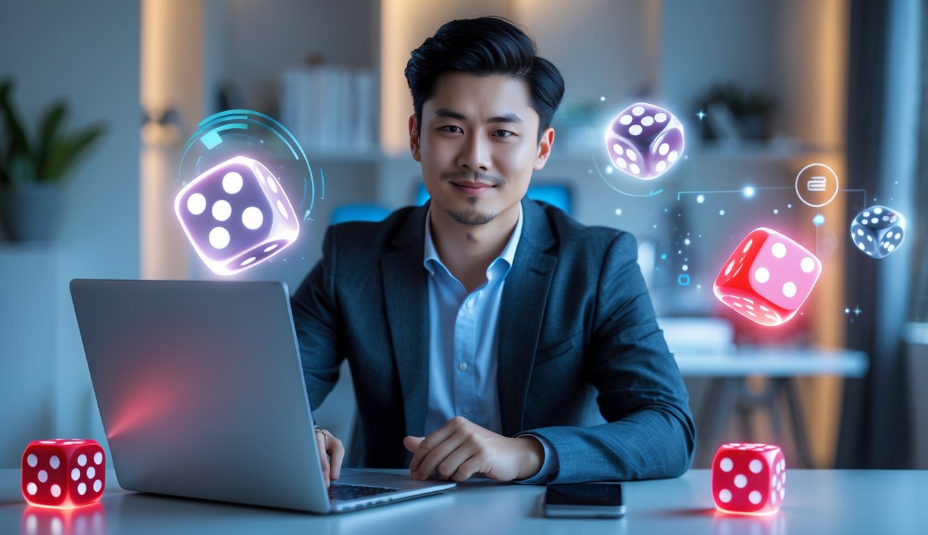 Seorang pria muda Asia duduk di meja dengan laptop di ruang kerja modern, dikelilingi oleh elemen permainan dadu digital yang samar di latar belakang.