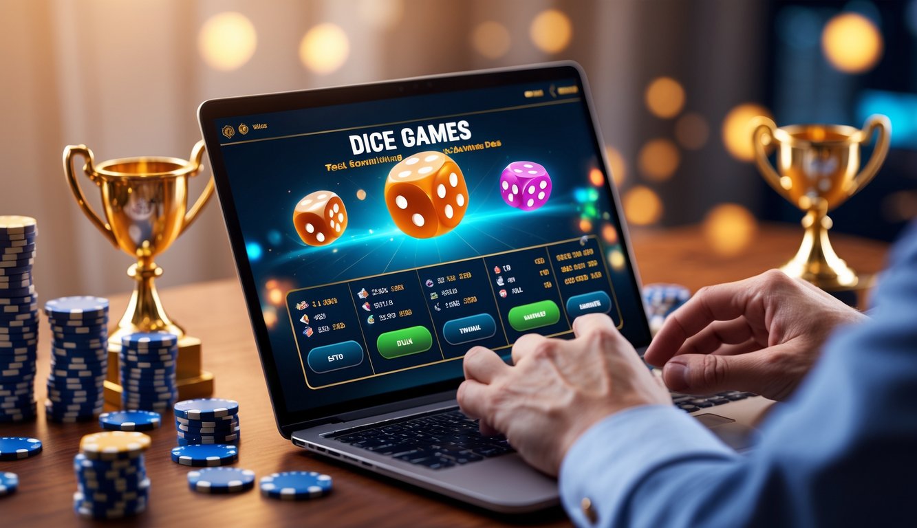Tangan seseorang menggunakan perangkat digital yang menampilkan permainan dadu online dengan tumpukan chip dan trofi di sekitar.