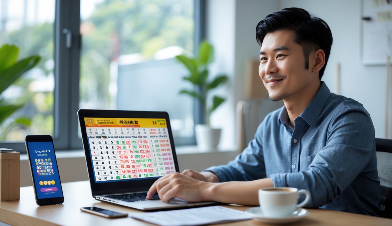 Seorang pria muda Asia duduk di meja dengan laptop, tersenyum sambil melihat layar yang menampilkan angka togel dan grafik.