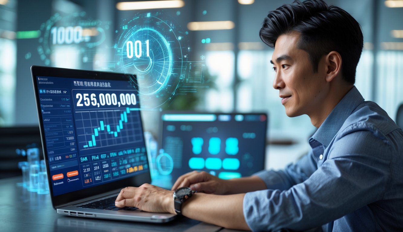 Seorang pria muda Asia duduk di meja dengan laptop, fokus pada layar dengan data dan grafik terkait togel online, di ruangan kantor modern yang terang.