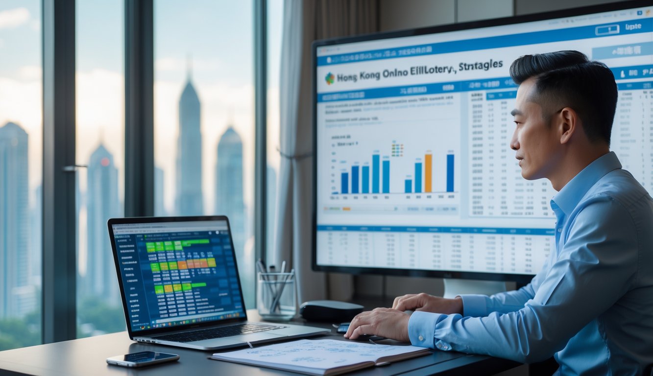 Seorang pria dewasa sedang duduk di meja kerja modern, memeriksa hasil lotere dan membuat catatan di ruang kantor dengan jendela besar yang menampilkan pemandangan kota.