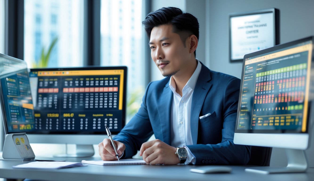 Seorang pria Asia duduk di meja dengan beberapa layar komputer yang menampilkan angka lotere, sedang menganalisis data dengan serius di sebuah kantor modern.