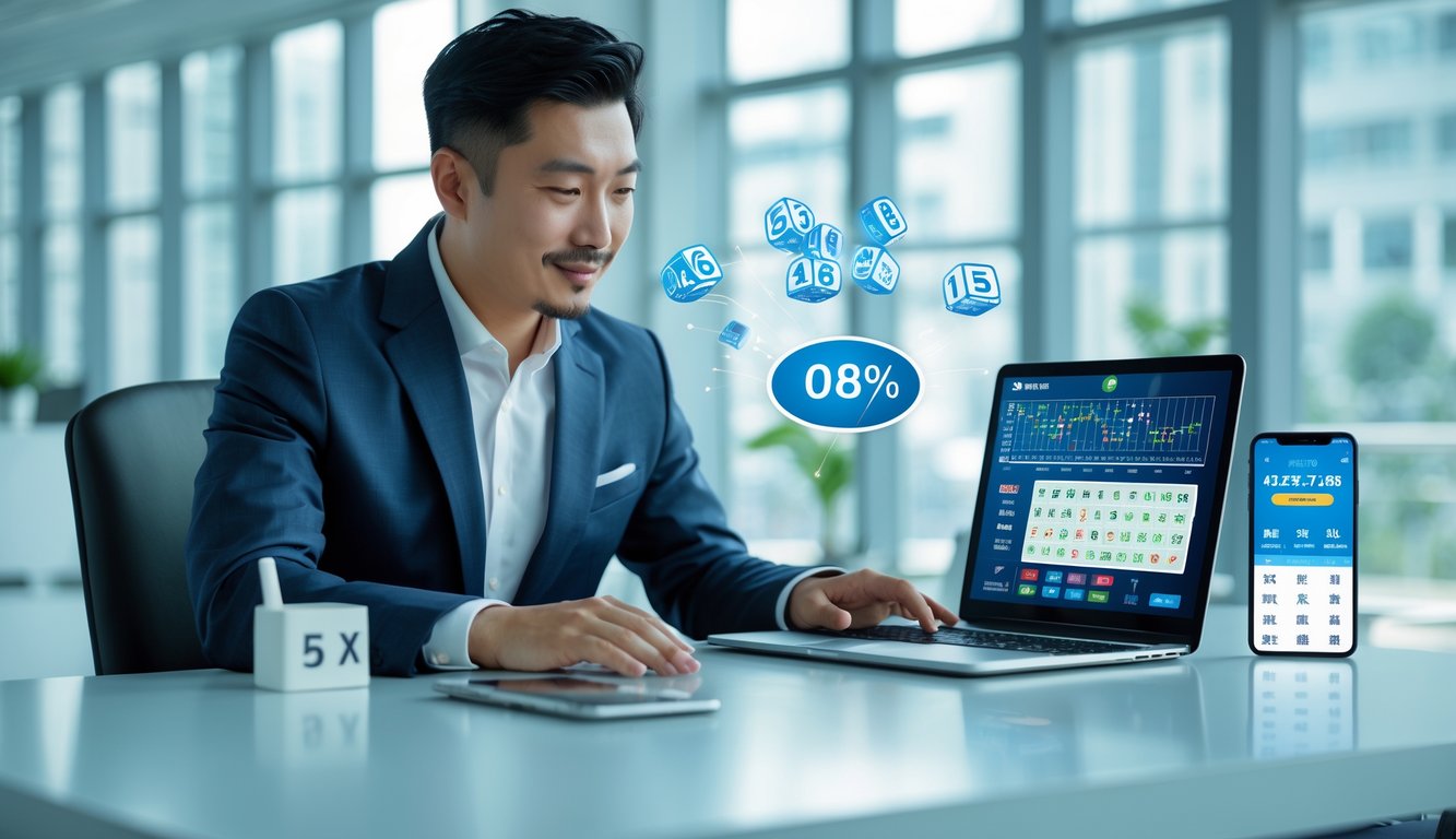 Seorang pria Asia percaya diri duduk di meja dengan laptop dan ponsel, fokus pada strategi judi togel online di kantor yang terang dan modern.