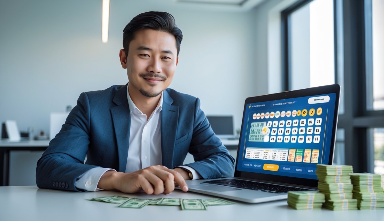 Seorang pria Asia duduk di meja dengan laptop dan tumpukan uang kecil, tersenyum percaya diri di ruang kantor yang terang.