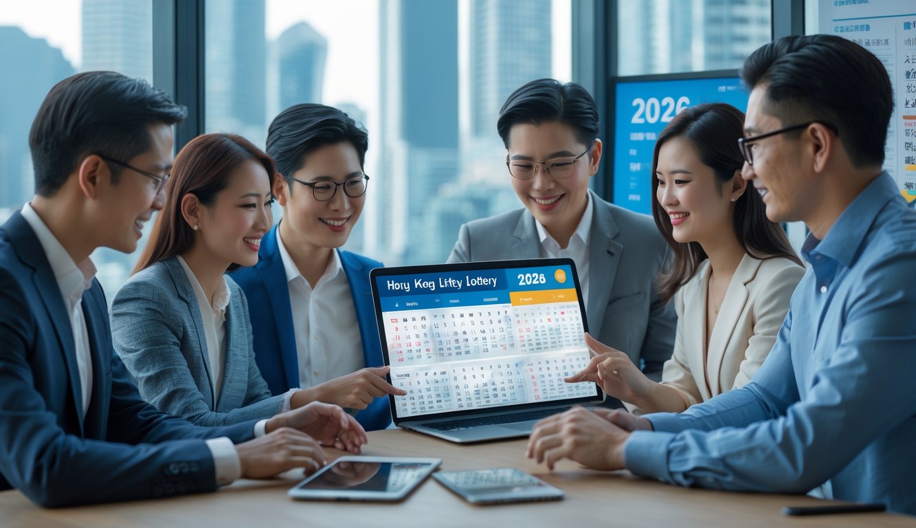 Sekelompok orang percaya diri sedang melihat perangkat digital dengan angka lotere dan grafik di kantor modern dengan pemandangan kota Hong Kong di latar belakang.