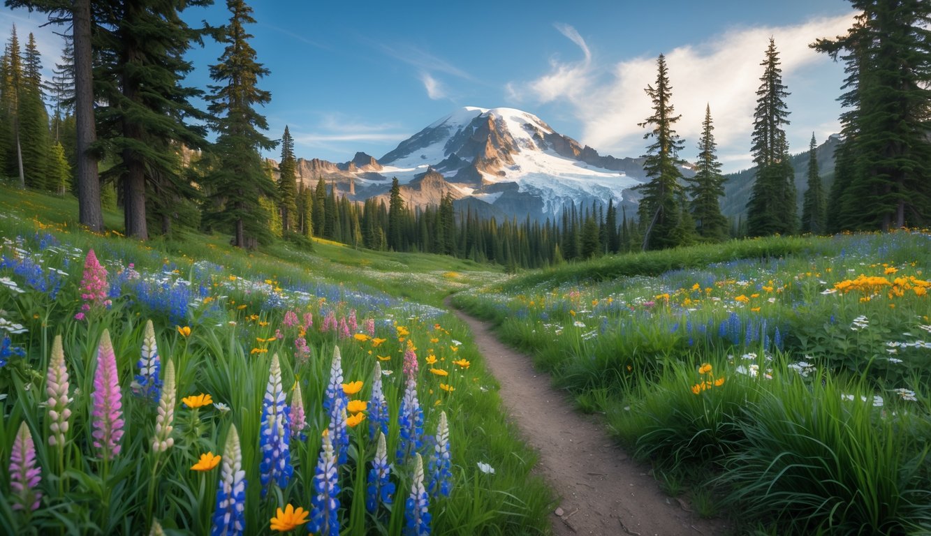 A wildflower meadow with colorful flowers and a hiking trail leading toward Mount Rainier's snow-capped peak under a clear sky.