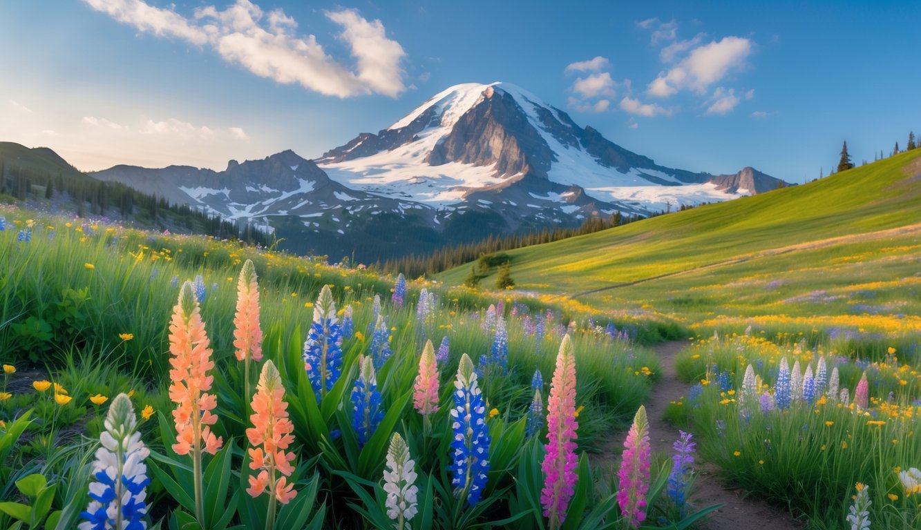 A vibrant wildflower meadow with colorful flowers and a hiking trail in Mount Rainier National Park, with Mount Rainier visible in the background under a clear sky.