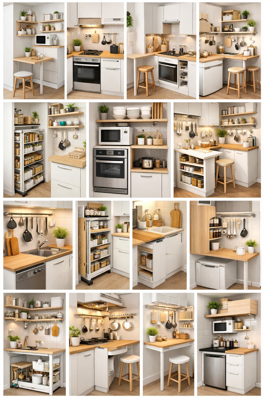 15 Very Small Kitchen Ideas On A Budget: Five Practical Solutions for Maximum Impact 1 A collage of 15 small kitchen designs showing compact layouts with smart storage solutions and efficient use of space.