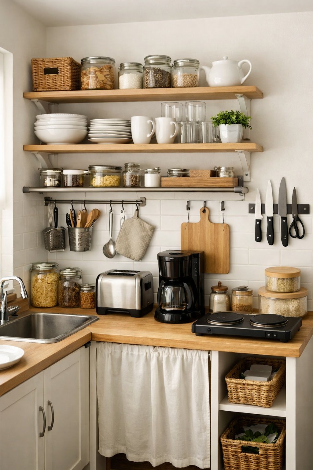 15 Very Small Kitchen Ideas On A Budget: Five Practical Solutions for Maximum Impact 2 A small, efficiently organized kitchen with open shelves, countertop appliances, and clever storage solutions.