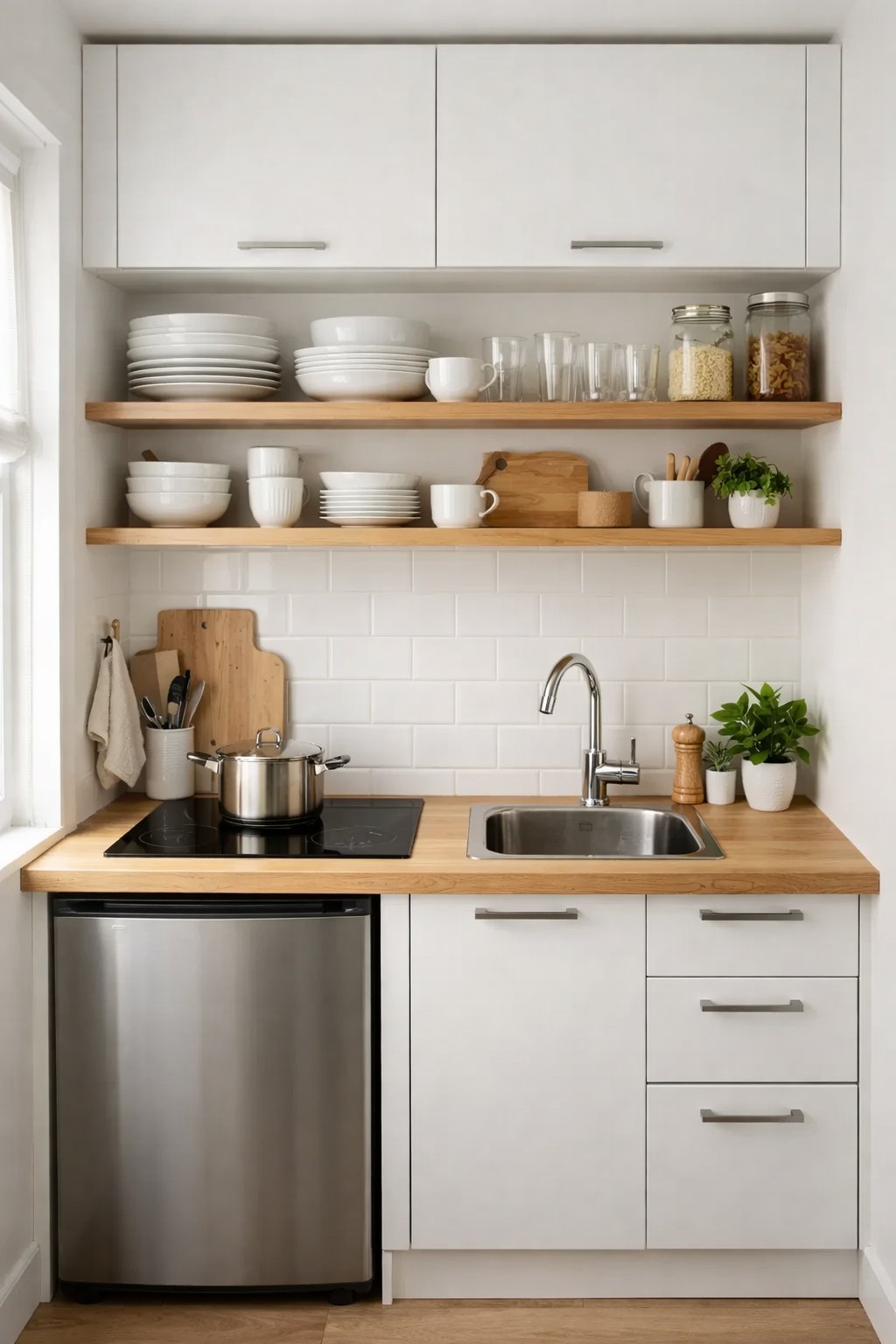 15 Very Small Kitchen Ideas On A Budget: Five Practical Solutions for Maximum Impact 3 A small, modern kitchen with white cabinets, a compact countertop, a sink, and natural light coming through a window.