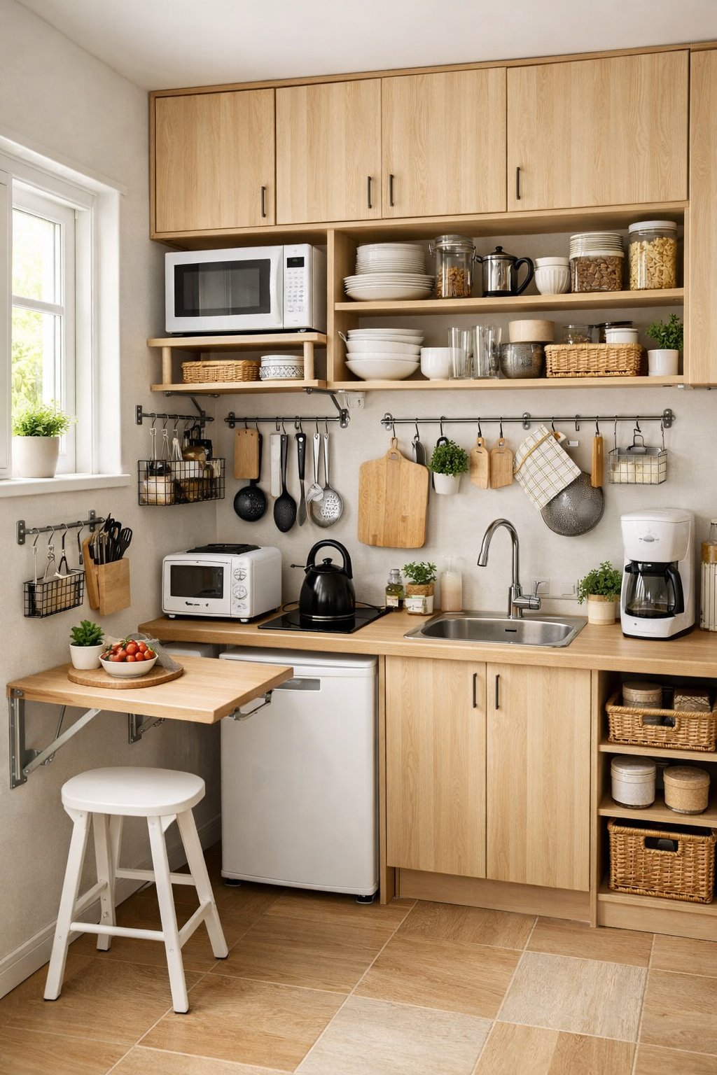 15 Very Small Kitchen Ideas On A Budget: Five Practical Solutions for Maximum Impact 4 A small kitchen with compact appliances, open shelves, and a foldable table, brightly lit by natural light.